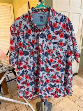 Chaps White Short-Sleeve Floral Camp Shirt with Red & Navy Print